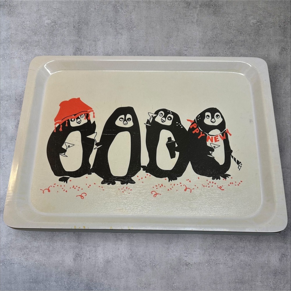 Vintage Crate & Barrel Drunk Penguins Serving Tray New Years Hosting Martini